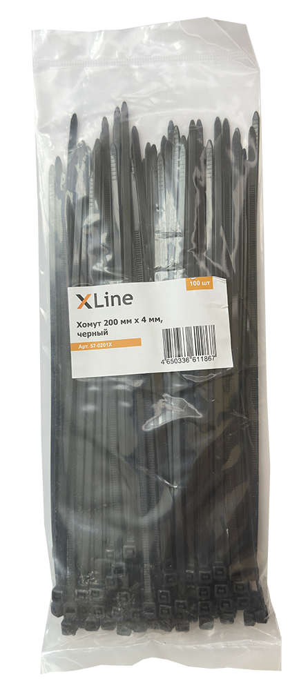 Хомут 200 мм x 4 мм X-Line, черный, 100 шт